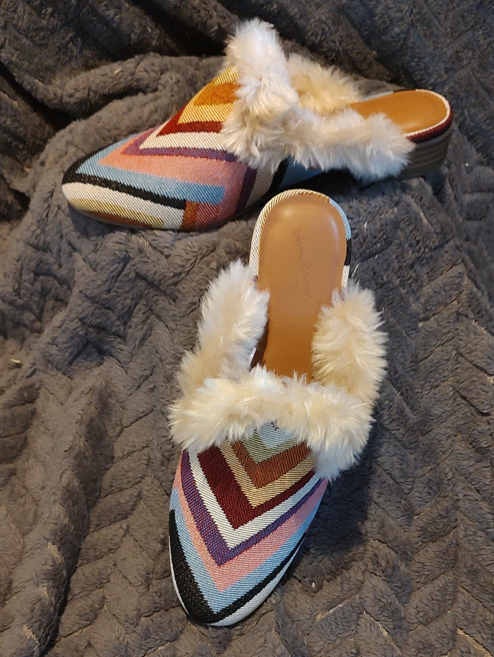 Universal Thread Chevron-Pattern Fur-Trim Slip-On Mules - Multicolor